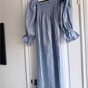 Sleeper Light Blue Smocked Top with Ruffled Neckline